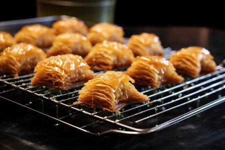 golden brown baklava cooling on a wire rack, created with generative aiの素材