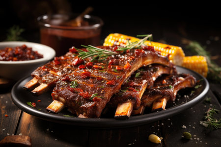 bbq ribs with corn on the cob side dish, created with generative aiの素材