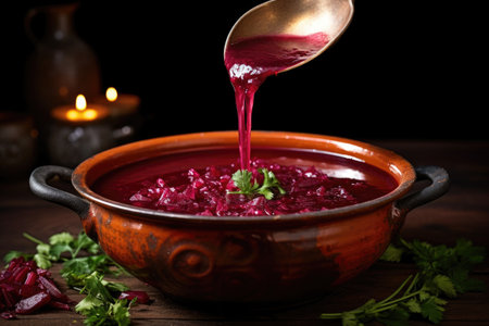 ladle pouring beetroot soup into bowl, created with generative aiの素材