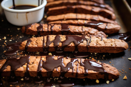 dipping biscotti in melted chocolate, on parchment paper, created with generative aiの素材