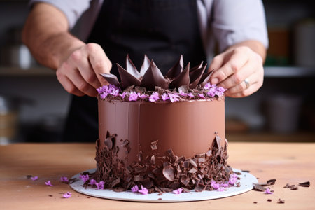 adding chocolate shavings to the cakes sides, created with generative aiの素材