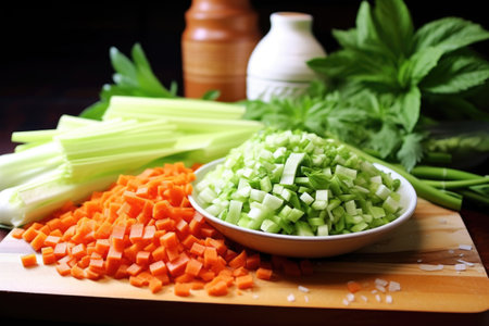 finely chopped carrots and celery, ingredients for bolognese sauce, created with generative aiの素材