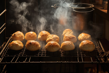 bread rolls cooling on a wire rack, steam rising, created with generative aiの素材