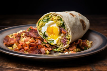 close-up of a rolled breakfast burrito on plate, created with generative aiの素材