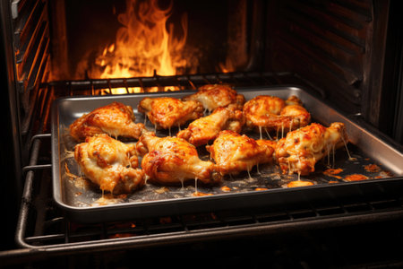 buffalo wings baking in oven on tray, created with generative aiの素材