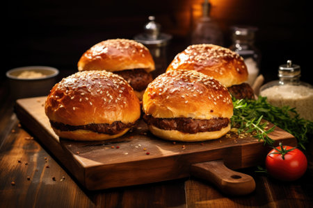freshly baked burger buns on a wooden board, created with generative aiの素材