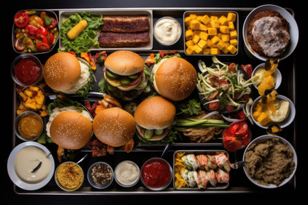 overhead view of a deconstructed burger layout, created with generative aiの素材