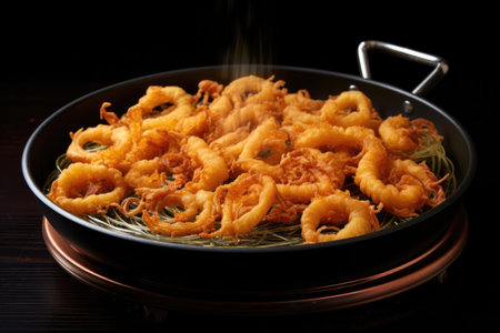 frying pan filled with golden calamari rings, created with generative aiの素材