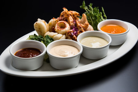 arrangement of dipping sauces for calamari, created with generative aiの素材