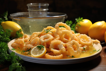 squeeze of lemon over cooked calamari rings, created with generative aiの素材