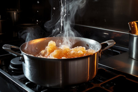 melting sugar in a saucepan on a stovetop, created with generative aiの素材