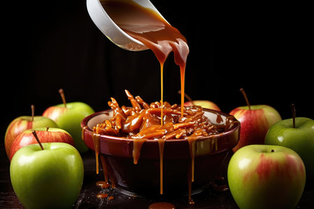 caramel apple making: dipping apples in caramel, created with generative aiの素材