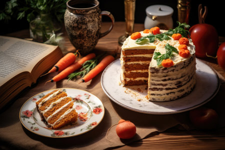 carrot cake recipe book open next to the cake, created with generative aiの素材