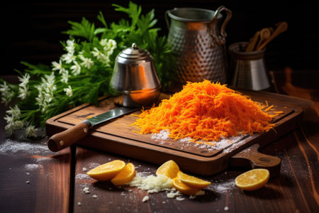 freshly grated carrots on a wooden board, created with generative aiの素材