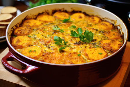 freshly baked casserole with a golden crust, created with generative aiの素材