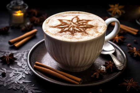 chai latte dusted with cinnamon powder and star anise garnish, created with generative aiの素材