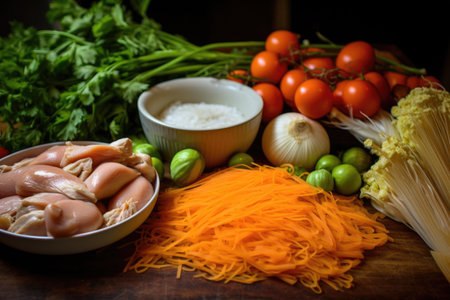 close-up of soup ingredients: chicken, noodles, veggies, created with generative aiの素材