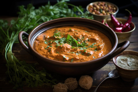 chicken tikka masala gravy in a rustic bowl, created with generative aiの素材