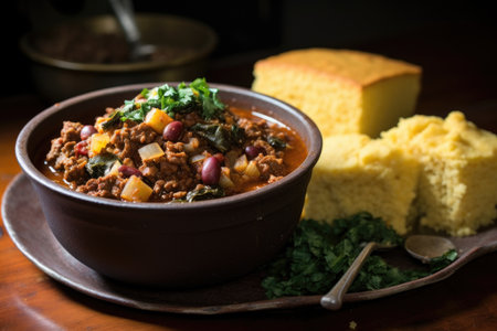 homemade chili in a rustic bowl with cornbread, created with generative aiの素材