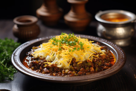 topping chili with cheese and herbs, created with generative aiの素材