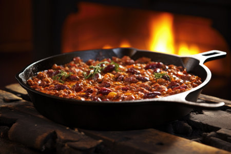 chili cooking in a cast iron skillet, created with generative aiの素材
