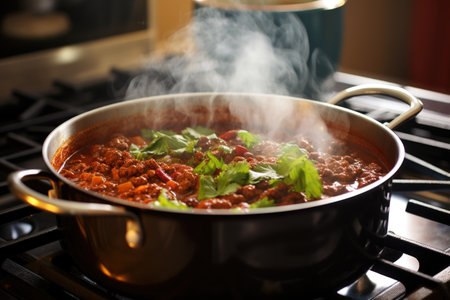 steamy pot of homemade chili on stovetop, created with generative aiの素材