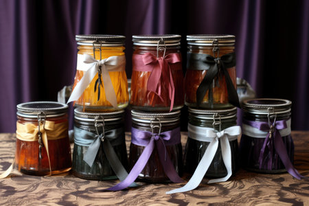 finished chutney jars with labels and ribbons, created with generative aiの素材
