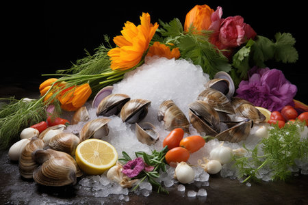 fresh clams on ice with chopped vegetables nearby, created with generative aiの素材