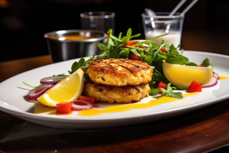crab cakes served with side salad and lemon, created with generative aiの素材