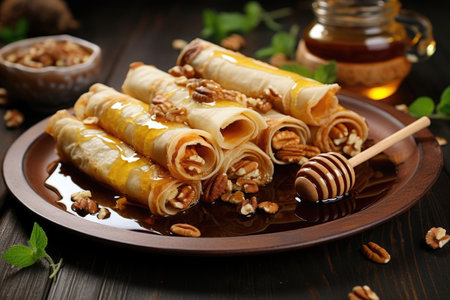 rolled crepes with honey and nuts topping, created with generative aiの素材
