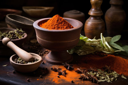 freshly ground spices in mortar and pestle, created with generative aiの素材