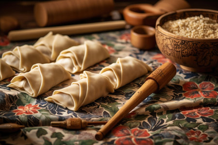 handmade dumpling wrappers with rolling pin nearby, created with generative aiの素材