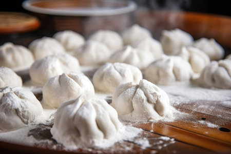 close-up of freshly made dumplings on a floured surface, created with generative aiの素材