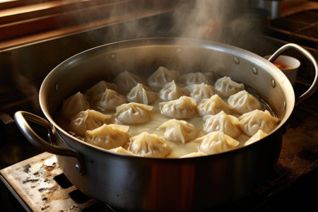 dumplings being cooked in a pot of boiling water, created with generative aiの素材