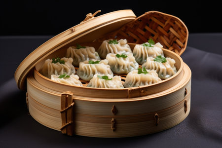 dumplings in bamboo steamer basket, created with generative aiの素材