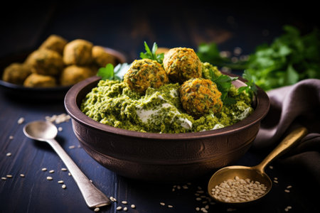 falafel mix in a bowl with a spoon beside it, created with generative aiの素材