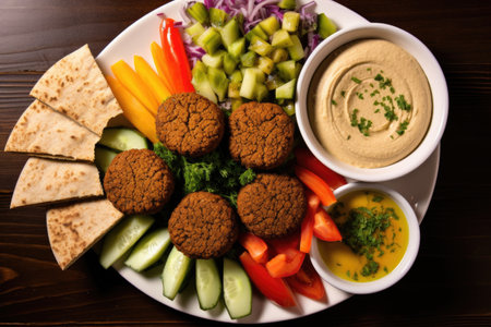 top view of a plate with falafel, hummus, and salad, created with generative aiの素材
