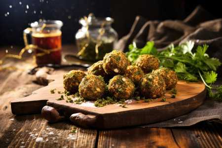 raw falafel patties on a plate, ready for frying, created with generative aiの素材