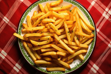 overhead view of fresh french fries on a plate, created with generative aiの素材