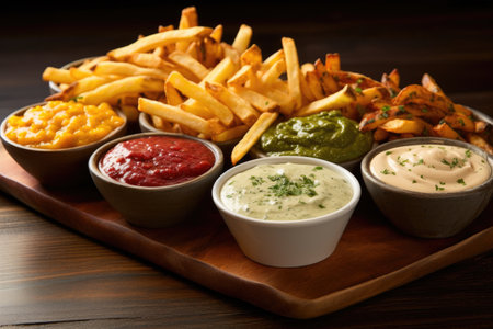 fries with variety of dipping sauces, created with generative aiの素材