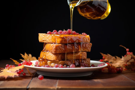 drizzling maple syrup over a stack of french toast, created with generative aiの素材