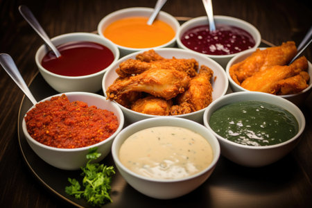 various dipping sauces accompanying fried chicken, created with generative aiの素材