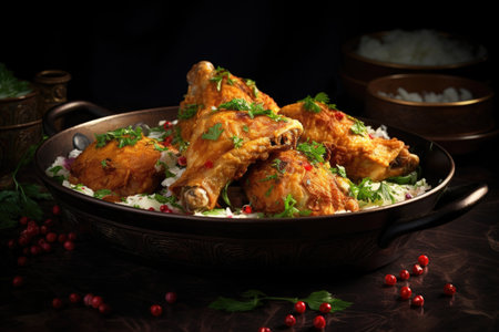 beautifully cooked fried chicken in a serving dish, created with generative aiの素材