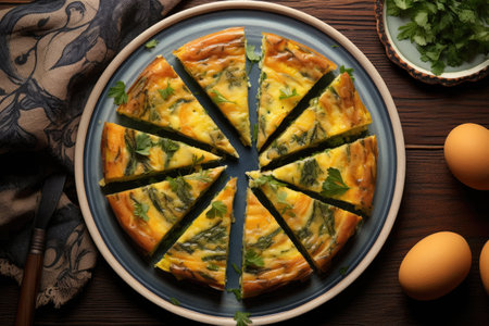 overhead shot of frittata slices on a platter, created with generative aiの素材