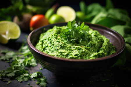 mashed avocado in a bowl with lime and cilantro, created with generative aiの素材