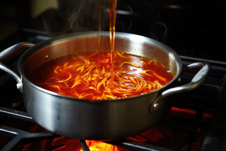 hot sauce simmering in a saucepan on stovetop, created with generative aiの素材