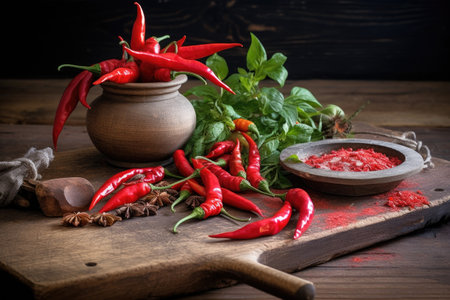 fresh chili peppers on a rustic board, created with generative aiの素材