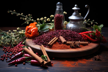 fresh chili peppers and spices on a board, created with generative aiの素材