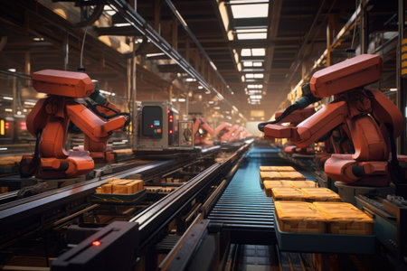 robotic arms sorting packages on conveyor belts, created with generative aiの素材