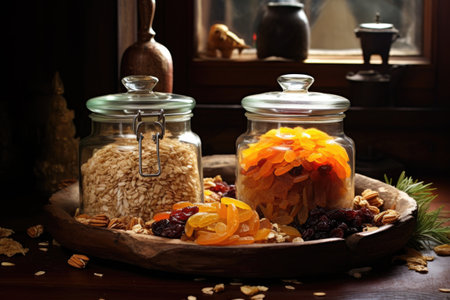rolled oats and dried fruits in glass containers, created with generative aiの素材